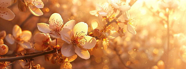 Spring cherry blossoms in full bloom With Sunlight - obrazy, fototapety, plakaty