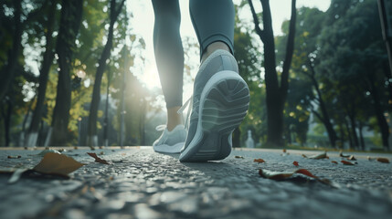 Woman jogging on asphalt road with wearing athletic shoes, back view close up portrait