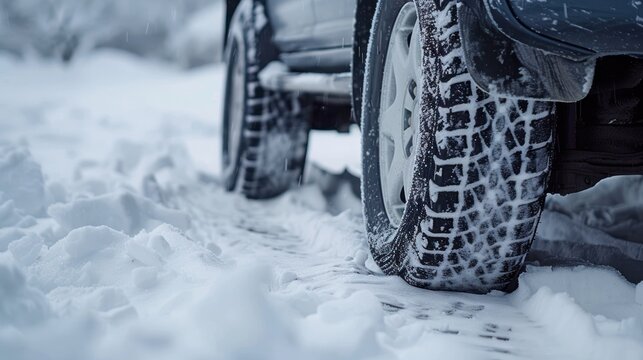 Close-up of car wheels rubber tires in deep winter snow. AI generated