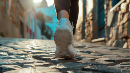 Closeup portrait of woman running with running shoes on road, daily routine for healthy life