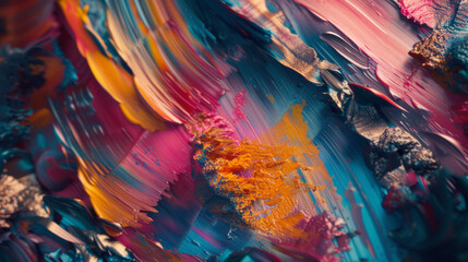 A close-up of a textured, abstract painting with layers of vibrant colors and bold brushstroke