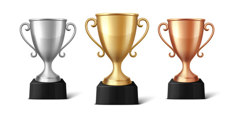 Vector Blank Golden, Silver and Bronze Champion Cup Isolated on White Background. Design Template of Championship Trophy. Sport Tournament Award, Winner Cup and Victory Concept - obrazy, fototapety, plakaty