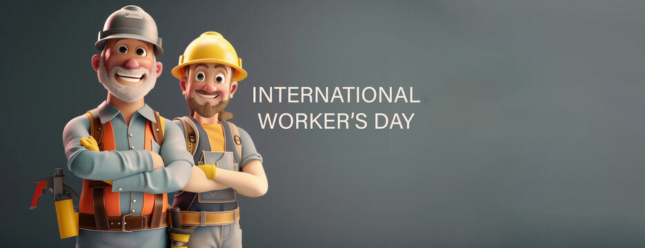 2 hommes avec rendu 3D, travailleurs du BTP, en tenue avec leur casque (EPI), avec le texte en anglais "International Worker's Day" pour la f&ecirc;te du travail le 1er Mai. Fond gris avec Copy space 