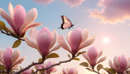 High Resolution Magnolia Photo with Butterfly in Garden