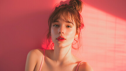 Naklejka premium Pretty girl's expression on a color background. A beautiful lifestyle wallpaper.