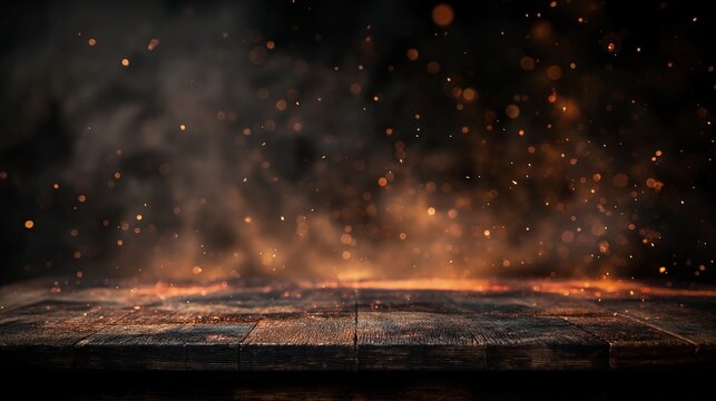 Wooden table with fire and smoke background. 
