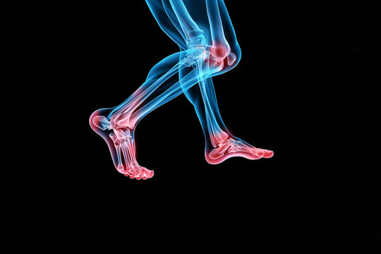 2 jambes vues en radiologie, &agrave; la fa&ccedil;on d'un scanner, avec certaines articulations en rouge, pour indiquer une pathologie, les autres os en bleu. Des pieds &agrave; mi-cuisse, sur fond noir avec copy space