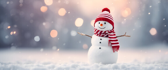 A cute snowman standing in the white snowy landscape, wearing a red and white striped scarf and hat with hands up waving. Winter background with bokeh lights. Generative AI