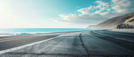 Empty asphalt road, along a calm ocean, blue summer sky with clouds, car travel