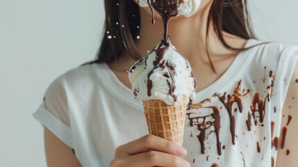 Cloth stain, disappointment asian young woman, girl eating melting ice cream in waffle cone on hot weather, - obrazy, fototapety, plakaty