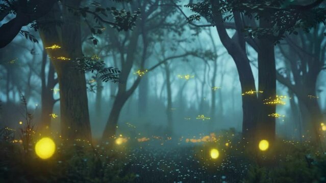 Capture the enchanting atmosphere of a walk through a mystical forest, with fireflies dancing among the trees, cute Lofi loop anime Seamless looping animation.