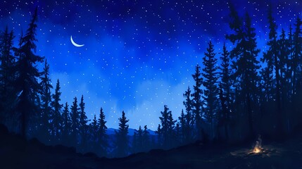 Moonlit Pine Forest: Tranquil Night Sky./n