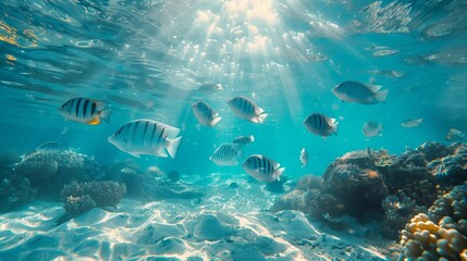 Fototapeta na wymiar Serene School of Fish in the Blue Ocean, generative ai
