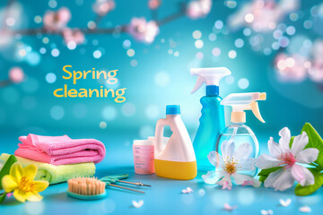 Set of cleaning products on colorful background. 