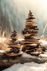 Two Christmas trees made of sticks and star anise are stacked on a snow-covered log.