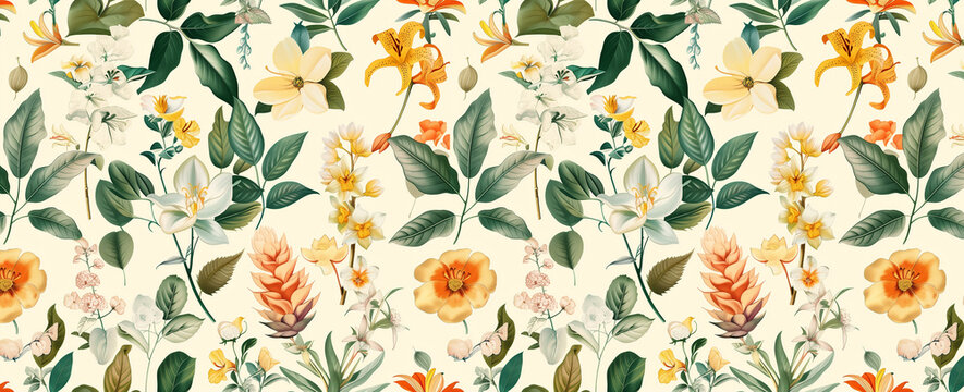 Motif sans couture, tuile, motif floral jaune, orange et vert, fleurs et feuillage
