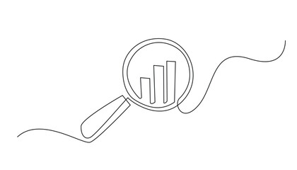 continuous line magnifying glass and bar graph business.looking icon,fast growing business.vector one line drawing