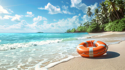 Fototapeta na wymiar Lifebuoy on the tropical beach background, summer vacation