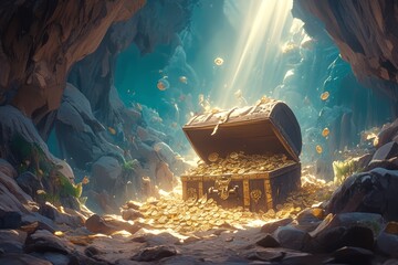 a treasure chest full of gold coins in the cave - obrazy, fototapety, plakaty