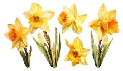 Set collection of yellow daffodils isolated on white background. Early spring garden flowers. Bouquet of narcissuses. Clip art for bright festive greeting card, invitation, banner and greeting card.