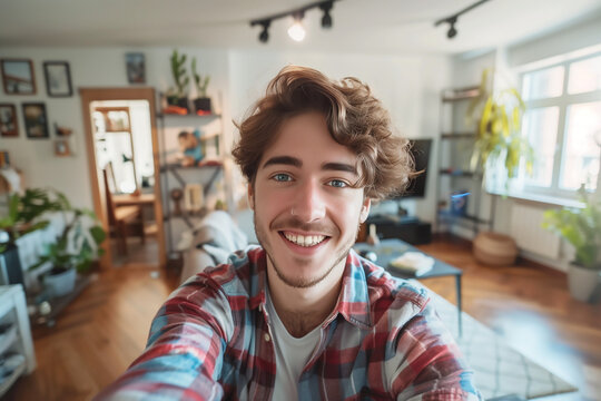 jeune homme entre 25 et 30 ans, avec un anneau dans le nez, les cheveux ondul&eacute;s mi-longs et les yeux bleus, souriant, qui prend un selfie de lui-m&ecirc;me dans son salon &agrave; bout de bras