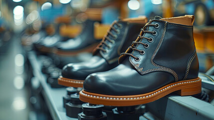 Production of black male shoes at the modern factory