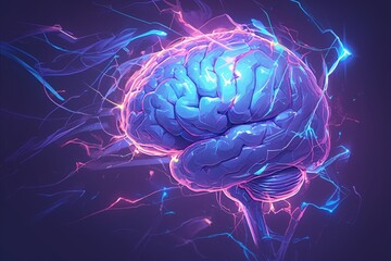 A vibrant human brain with lightning flowing through it in purple and blue colors against a dark background
