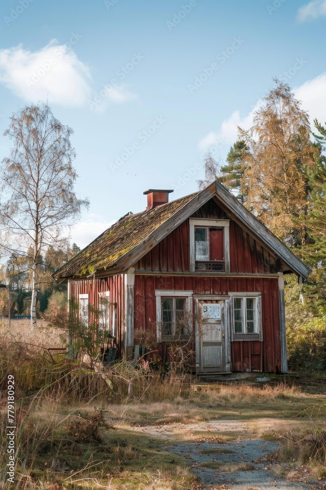 Poster Old red house in a field with trees in the background. Suitable for real estate or nature themes