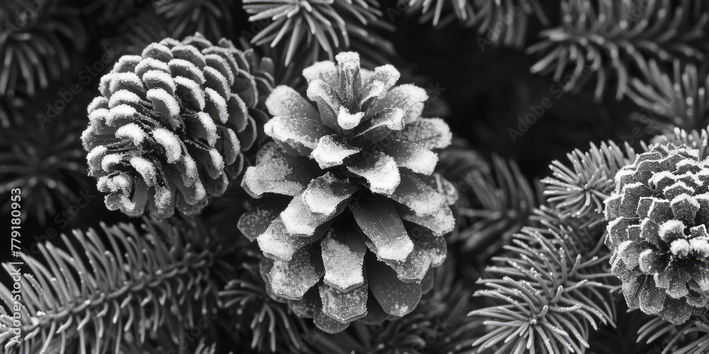 Poster Close up of two pine cones on a tree, suitable for nature concepts