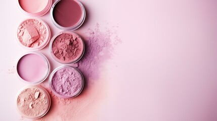 Obraz na płótnie Canvas Makeup powder on pink background, merchandise, fashion, collection