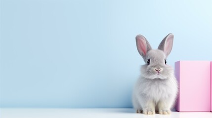 Cute rabbit sitting on blue background with pink and blue boxes, box, mammal, animal ear, small