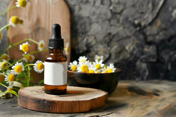 Mock-up flacon d'huile essentielle avec pipette et étiquette blanche, en marque blanche, sans texte, avec de la fleur de camomille sur un socle en bois