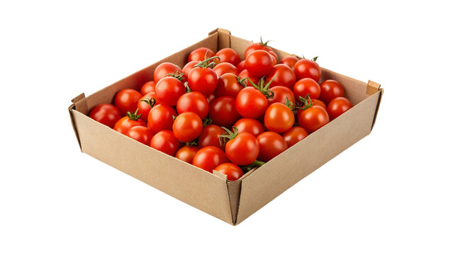 Cherry tomatoes in a cardboard box, isolated on transparent background.