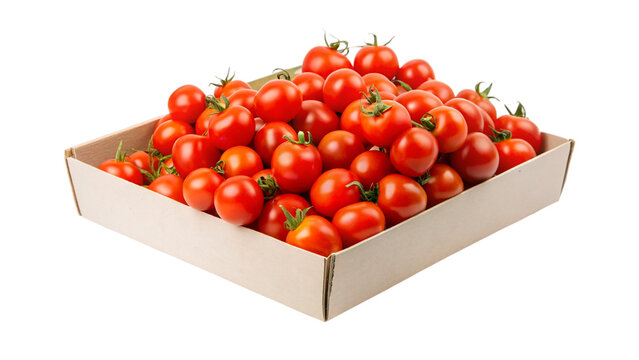 Cherry tomatoes in a cardboard box, isolated on transparent background.