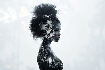 Art Black and white portrait of a African American woman double exposure with palm tree beach. Over a white background.  