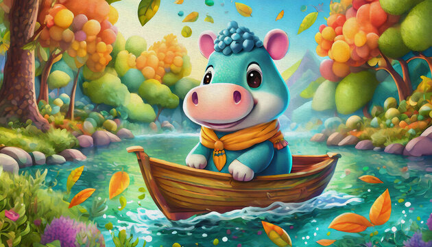 oil painting style CARTOON CHARACTER CUTE baby hippo in a boat on the lake