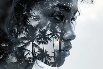 Art Black and white portrait of a woman double exposure with palm trees. Over a white background.  