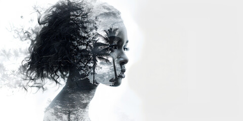 Black and white portrait of a African American woman double exposure with palm trees Over a white background and area for text.  
