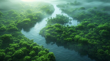 Naklejka na ściany i meble Tropical Serenity: Aerial View of Meandering River, generative ai