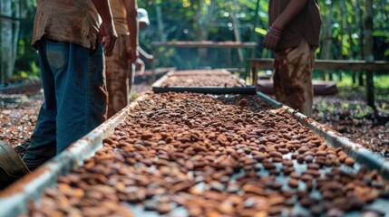 Cocoa farmers brown organic cocoa beans sun-drying on a cocoa farm.