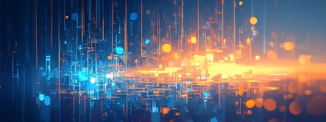Abstract background with blue and orange lights, featuring an array of glowing circles on the surface. The composition includes multiple vertical lines representing data points or connections. - obrazy, fototapety, plakaty