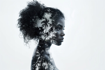 Black and white portrait of a African American woman double exposure with palm trres. Over a white background.  