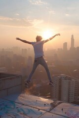 A man jumping in the air on top of a building. Suitable for action or success concepts