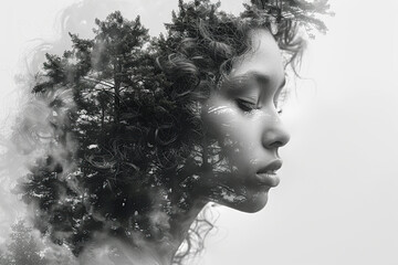 Portrait. of a woman Using double exposure of a pine tree forest and close up of  beautiful model  with eyes closed 