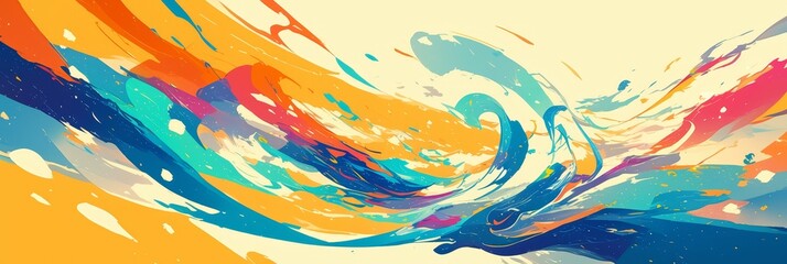 Abstract background with colorful waves and fluid shapes, creating an atmosphere of movement and creativity.