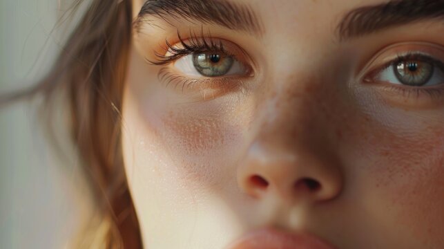 Close-up image of a woman's eyes with freckles. Perfect for beauty and skincare concepts