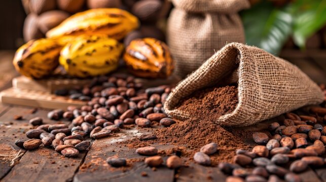 Cocoa Beans and Cocoa Fruits on wooden, Cocoa concept