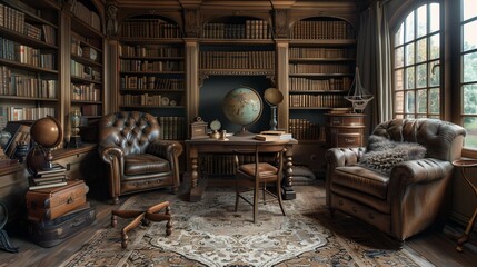 Vintage Study Room with Leather-Bound Books, generative ai