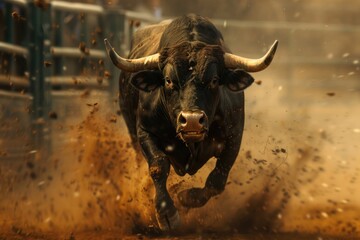 Naklejka premium A bull running in the dirt in a fenced area. Suitable for agricultural or livestock themes