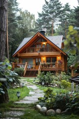 A serene log cabin surrounded by trees. Suitable for nature and real estate concepts